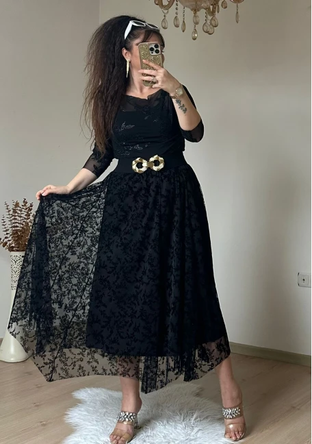 Flok Baskı Etek Sıyah