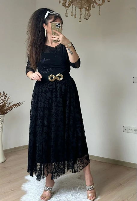 Flok Baskı Etek Sıyah