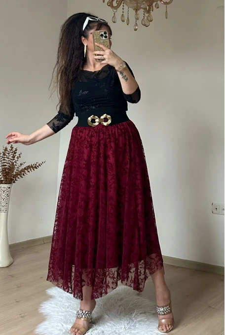 Flok Baskı Etek Bordo