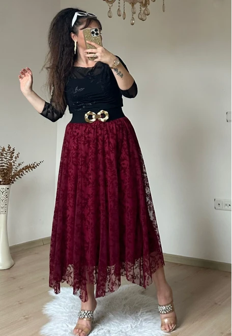 Flok Baskı Etek Bordo