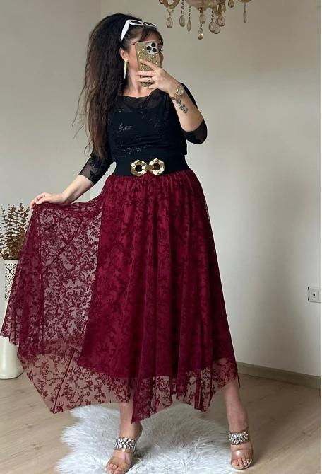 Flok Baskı Etek Bordo