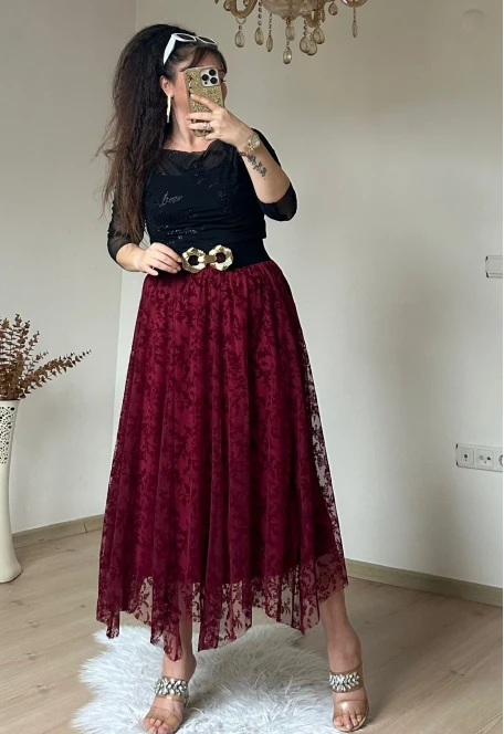 Flok Baskı Etek Bordo