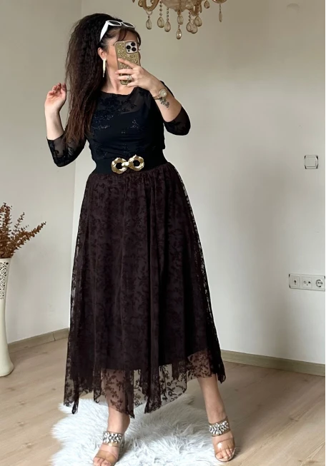 Flok Baskı Etek Kahve