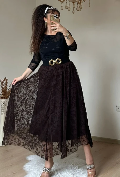 Flok Baskı Etek Kahve