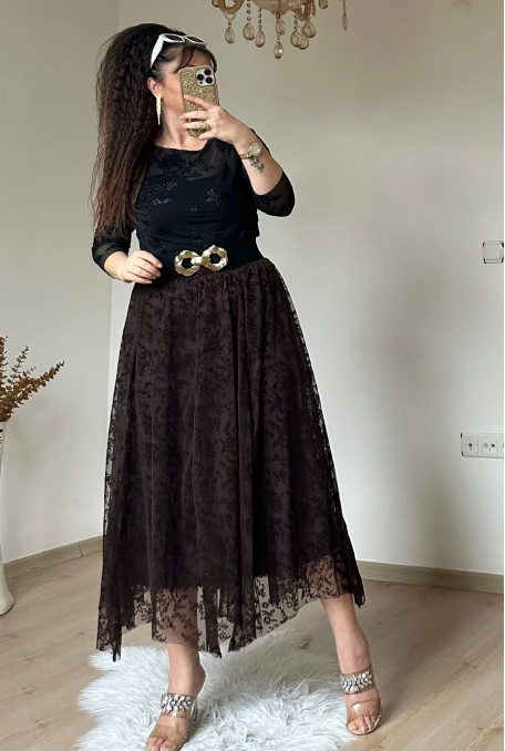 Flok Baskı Etek Kahve