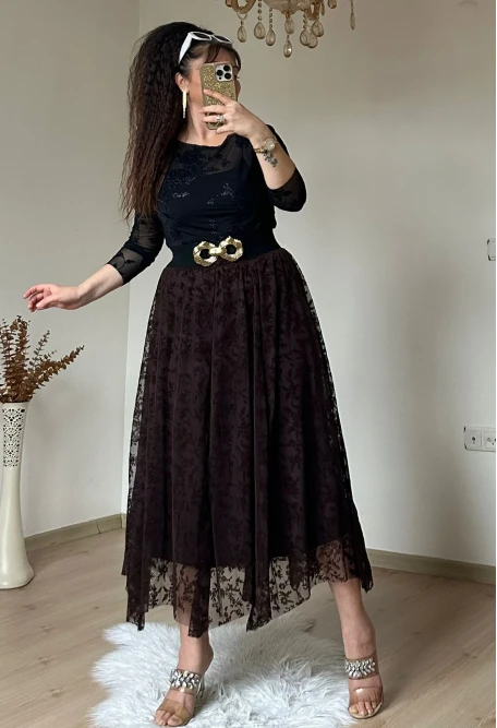 Flok Baskı Etek Kahve