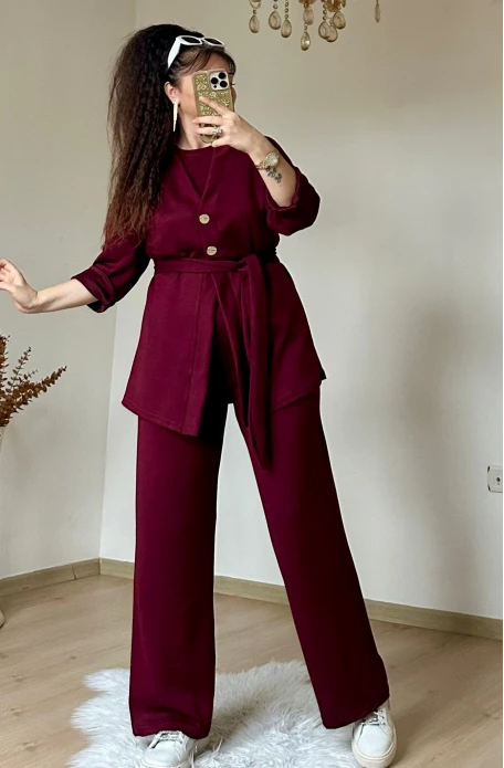 Bordo Gold Dugmelı 3 lü Takım