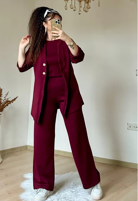 Bordo Gold Dugmelı 3 lü Takım