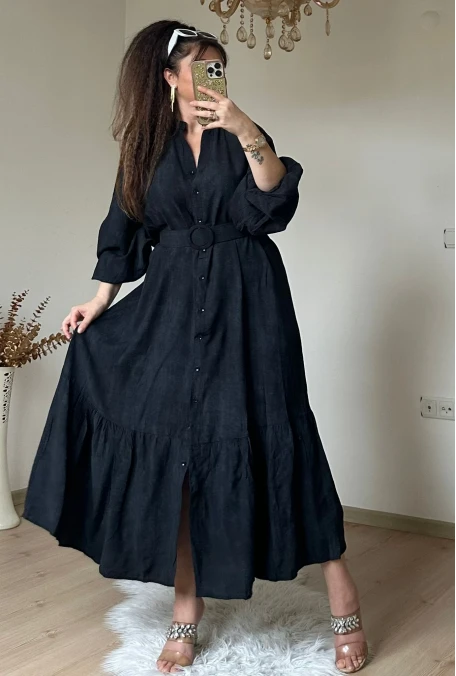 Hakim Yaka Düz Gomlek Elbise Siyah