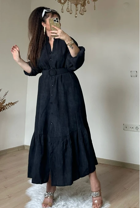 Hakim Yaka Düz Gomlek Elbise Siyah