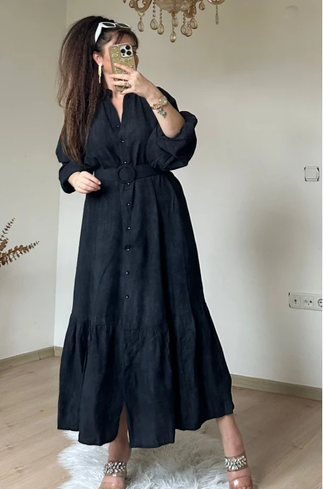 Hakim Yaka Düz Gomlek Elbise Siyah