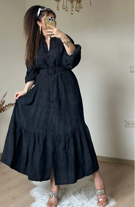 Hakim Yaka Düz Gomlek Elbise Siyah