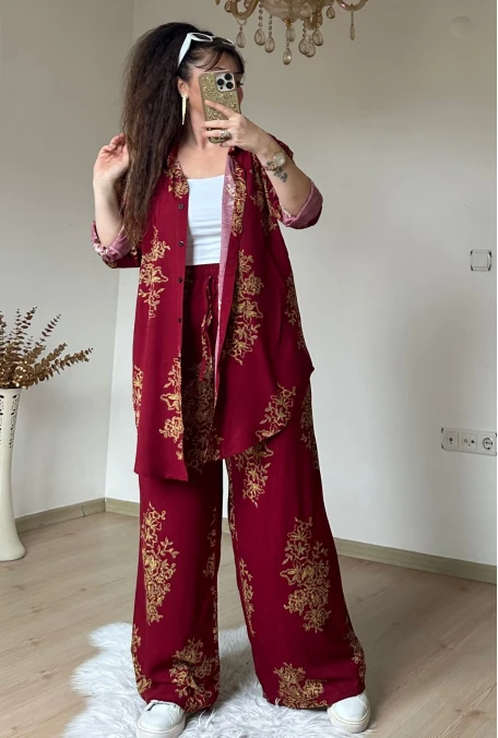 Bol Paca Otantık Gömlekli Takım Bordo