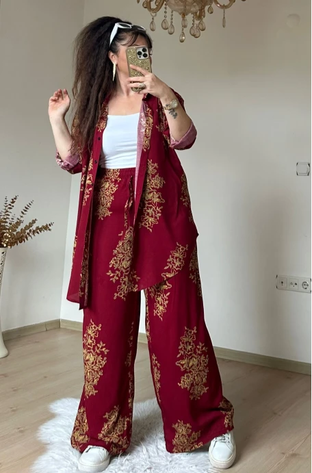 Bol Paca Otantık Gömlekli Takım Bordo