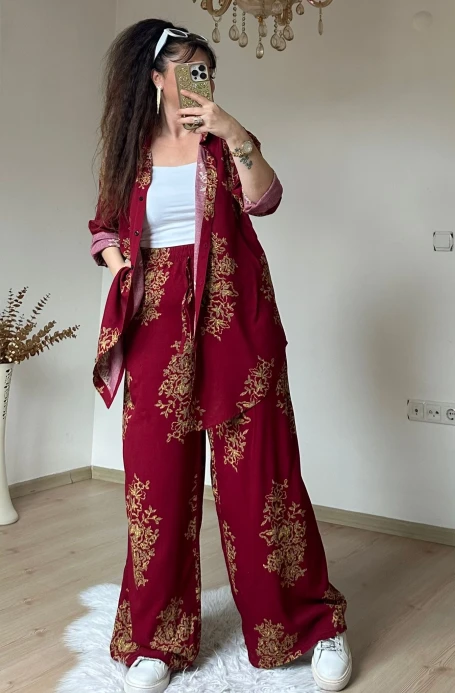 Bol Paca Otantık Gömlekli Takım Bordo