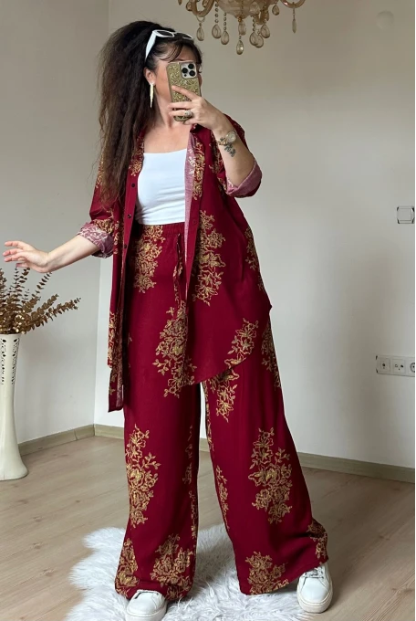 Bol Paca Otantık Gömlekli Takım Bordo