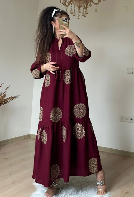 Simli İşlemeli Salaş Elbise Bordo