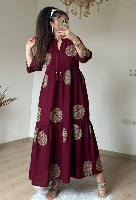 Simli İşlemeli Salaş Elbise Bordo