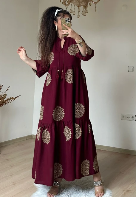 Simli İşlemeli Salaş Elbise Bordo