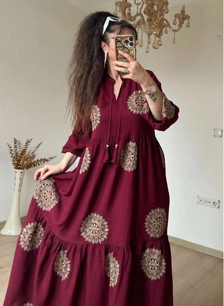 Simli İşlemeli Salaş Elbise Bordo