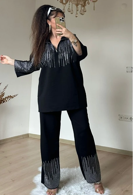 Prenses Taşlı Takım Sıyah