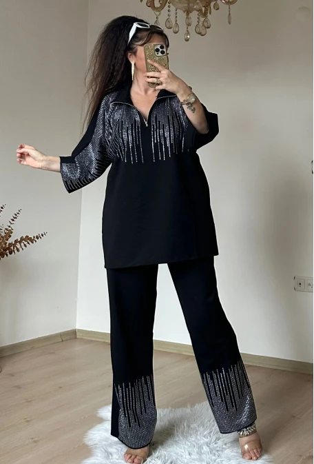 Prenses Taşlı Takım Sıyah