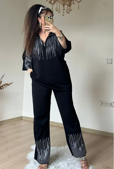 Prenses Taşlı Takım Sıyah