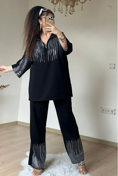 Prenses Taşlı Takım Sıyah