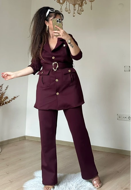 Kemerli Gold Dügmelı Takım Bordo