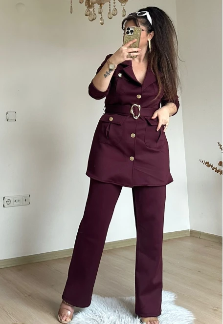 Kemerli Gold Dügmelı Takım Bordo