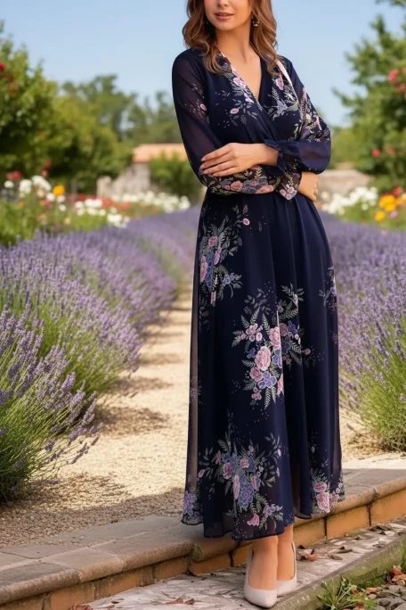 Uzun çiçekli Şifon Elbise - Laci