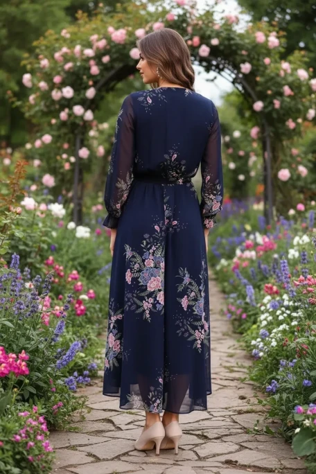 Uzun çiçekli Şifon Elbise - Laci