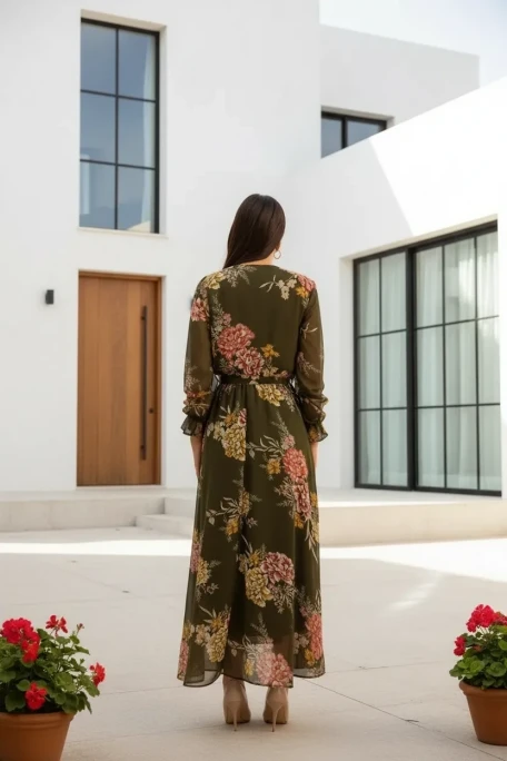 Uzun çiçekli Şifon Elbise - Haki