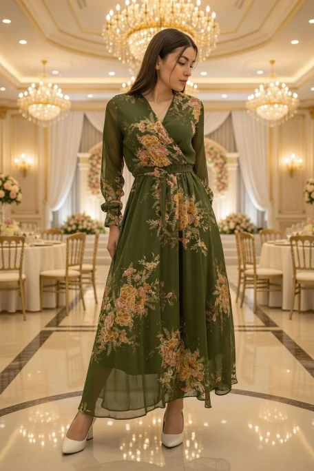 Uzun çiçekli Şifon Elbise - Haki