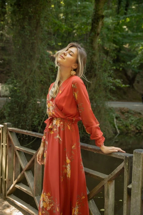 Uzun çiçekli Şifon Elbise - Kiremit