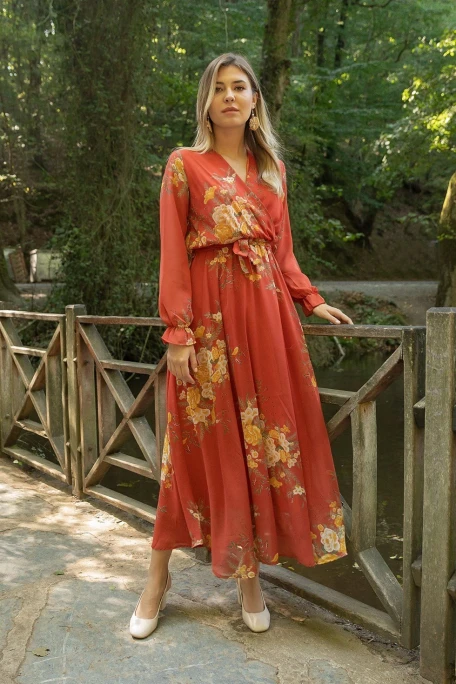 Uzun çiçekli Şifon Elbise - Kiremit