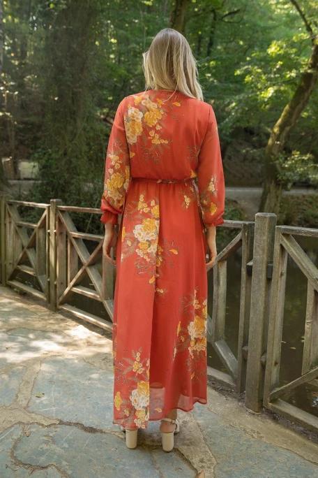 Uzun çiçekli Şifon Elbise - Kiremit