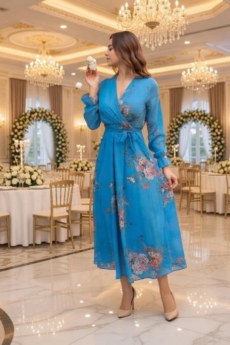 Uzun çiçekli Şifon Elbise - Mavi