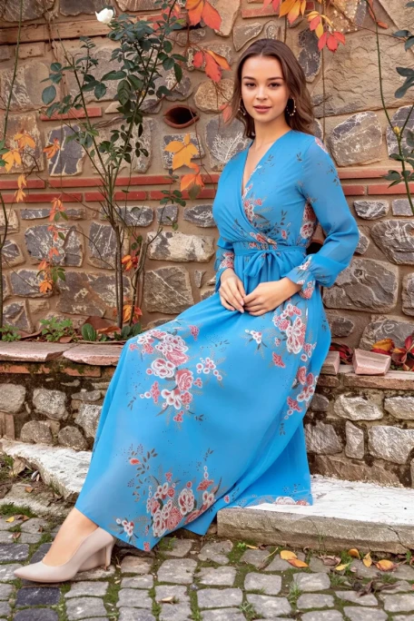 Uzun çiçekli Şifon Elbise - Mavi