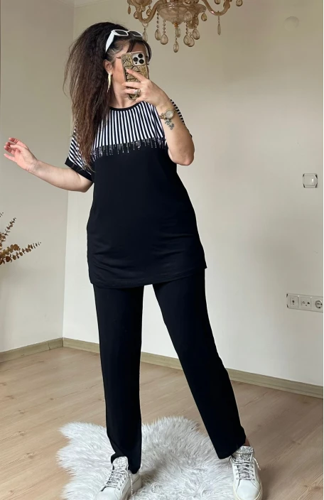 Roba Çizgili Takım Sıyah