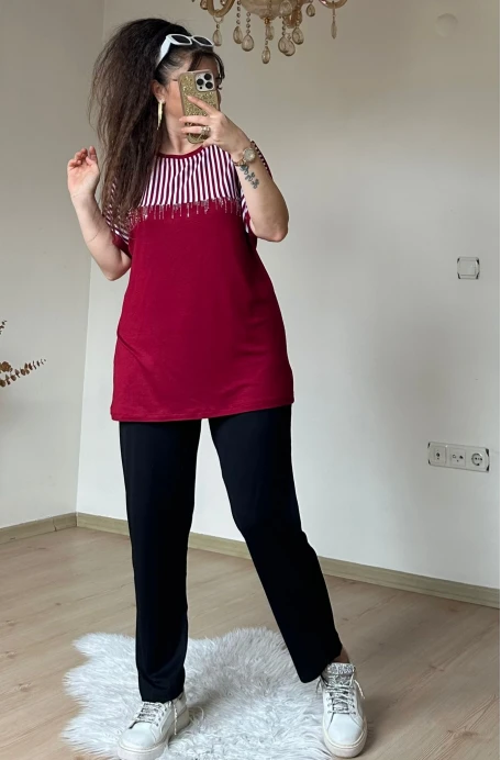 Roba Çizgili Takım Bordo