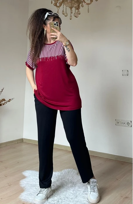 Roba Çizgili Takım Bordo