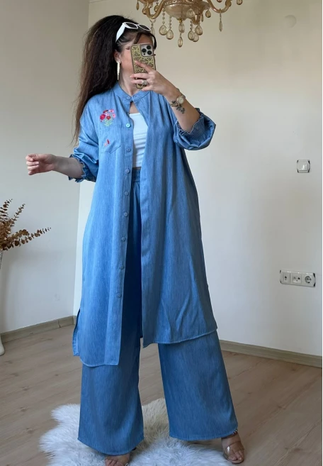 Yaka Nakış İşlemeli Takım Mavi