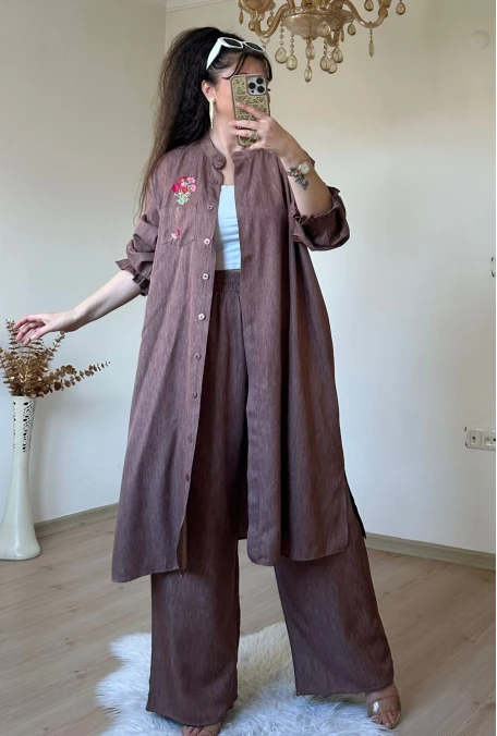 Yaka Nakış İşlemeli Takım Kahve