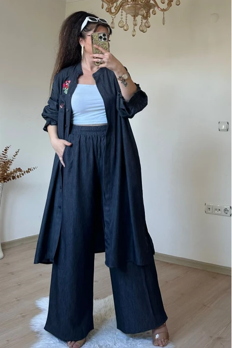 Yaka Nakış İşlemeli Takım Siyah