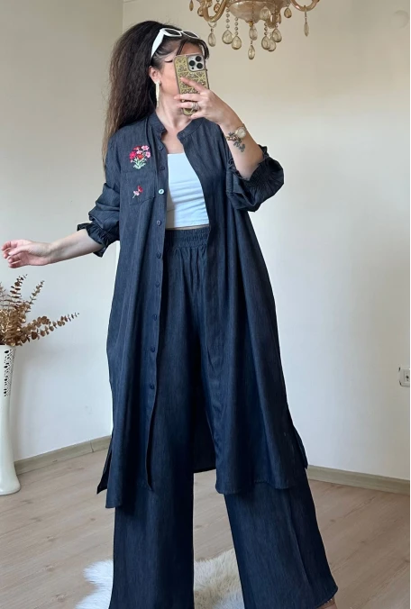 Yaka Nakış İşlemeli Takım Siyah