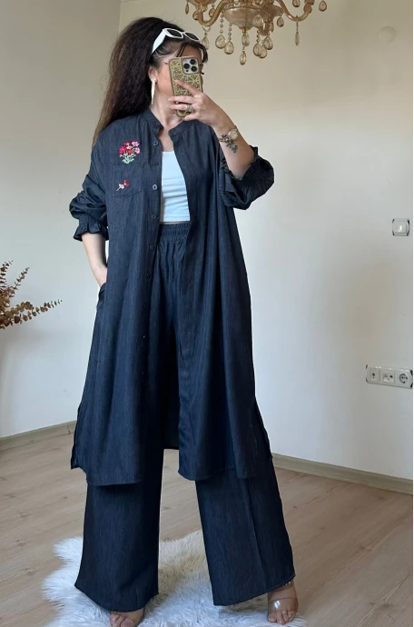 Yaka Nakış İşlemeli Takım Siyah