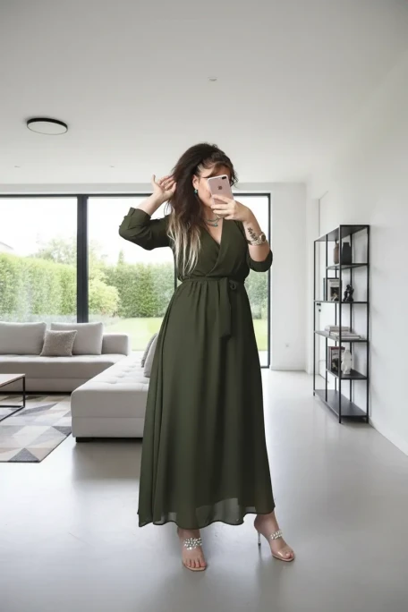 Uzun Düz Şifon Elbise Haki