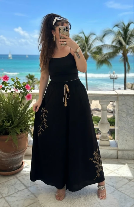 Nakış İşlemeli Pantalon Etek Siyah