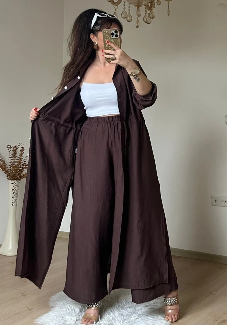 Bel Bağcıklı Tunık Takım Kahve